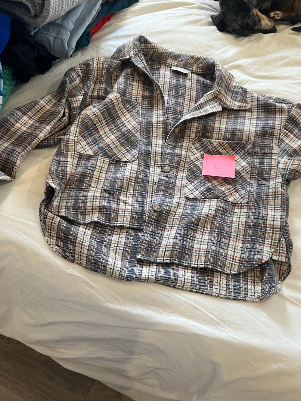 Plaid Button-Front Cropped Shacket in Beige and Blue